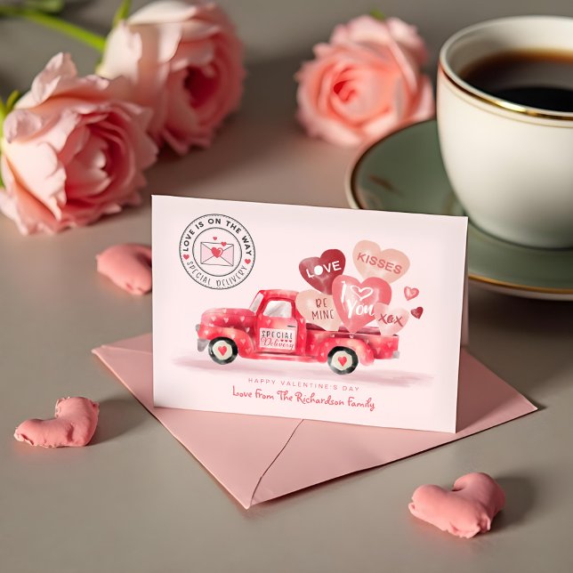 Cartes Pour Fêtes Annuelles Livraison spéciale de Valentine Camion d'aquarelle (Valentine's Special Delivery Red Watercolor Truck Holiday Card)