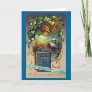 Cartes Pour Fêtes Annuelles Livre, cloches et mistletoe Nouvel An Vintage