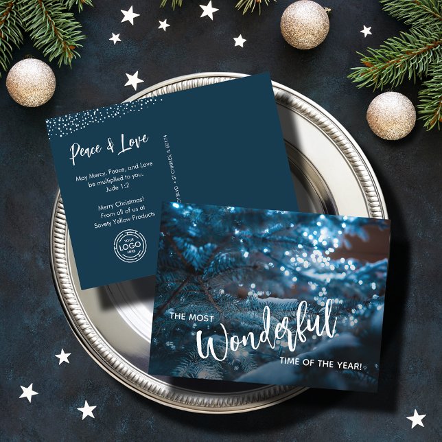 Cartes Pour Fêtes Annuelles Logo d'affaires Blue Christmas Tree (Blue Christmas Tree Business Logo Holiday Postcards)