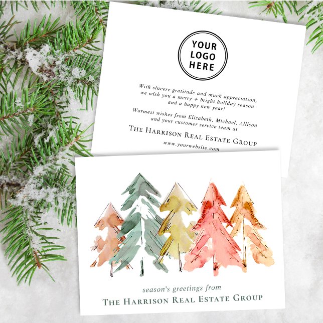 Cartes Pour Fêtes Annuelles Logo d'affaires Pins de Noël Aquarelles (Créateur téléchargé)