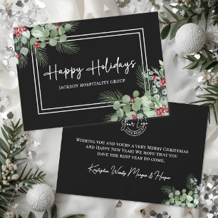 Cartes Pour Fêtes Annuelles Logo d'entreprise noir de verdure de houx élégant