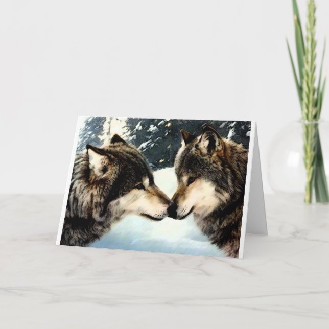 Cartes Pour Fêtes Annuelles Loups Loup Neige Hiver Neige Couple Amour (Devant)
