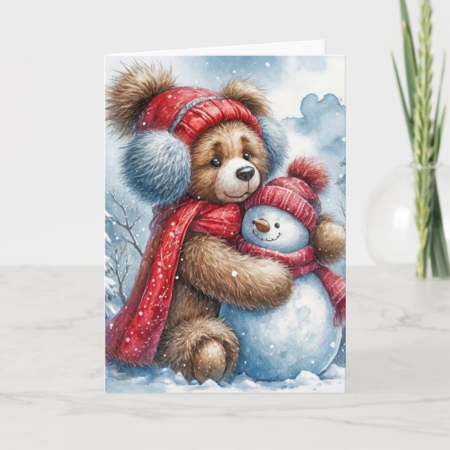 Cartes Pour Fêtes Annuelles L'ours en peluche de Noël serrant un Snowman (Devant)
