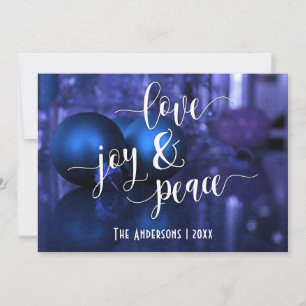 Cartes Pour Fêtes Annuelles Love Joy & Peace w/ Blue & Purple Ornaments