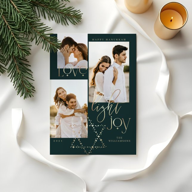 Cartes Pour Fêtes Annuelles Love Light Joy Star David Hanoukka Photo Collage (Love Light Joy Star David Hanukkah Photo Collage Holiday Card)
