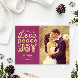 Cartes Pour Fêtes Annuelles Love Peace and Joy Burgundy Gold Mariage Photo