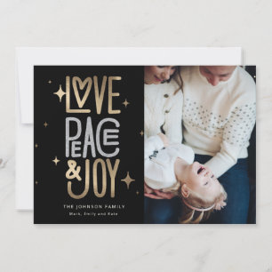 Cartes Pour Fêtes Annuelles Love Peace and Joy Gold et Silver Holiday Card