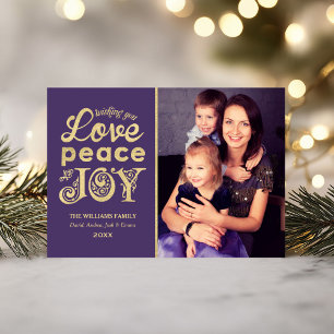 Cartes Pour Fêtes Annuelles Love Peace and Joy Purple Gold Photo