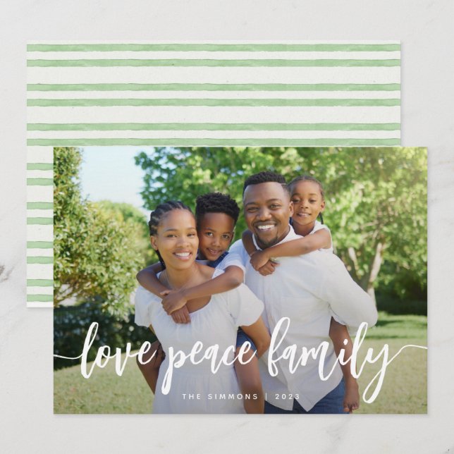 Cartes Pour Fêtes Annuelles Love Peace Family Moderne Brush Script Photo (Devant / Derrière)