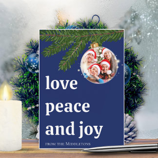 Cartes Pour Fêtes Annuelles Love Peace Joy Christmas Family Photo Navy Blue