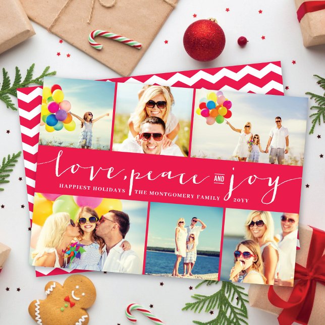 Cartes Pour Fêtes Annuelles Love Peace Joy Fuchsia Band Modern Photo Collage (Créateur téléchargé)