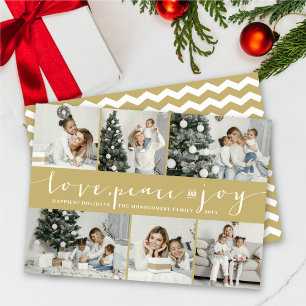 Cartes Pour Fêtes Annuelles Love Peace Joy Gold Band Modern 6 Photo Collage
