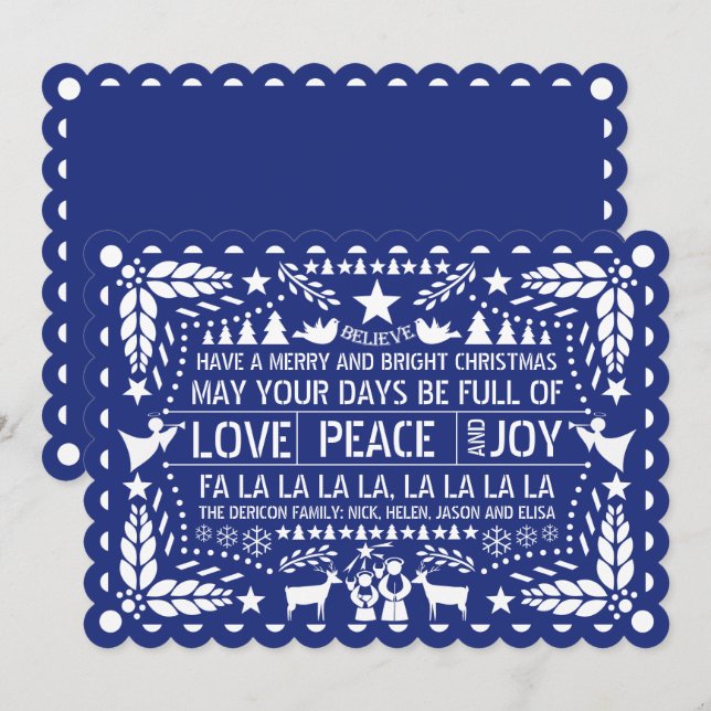 Cartes Pour Fêtes Annuelles Love Peace, Joy papel picado bleu Noël (Devant / Derrière)