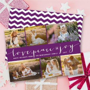 Cartes Pour Fêtes Annuelles Love Peace Joy Purple Band Modern 6 Photo Collage