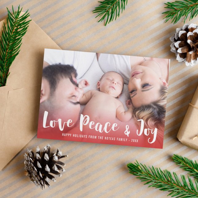 Cartes Pour Fêtes Annuelles Love Peace & Joy Red Happy Holidays Photo (Créateur téléchargé)