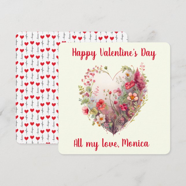 Cartes Pour Fêtes Annuelles Lovely, Aquarelle, Fleur sauvage dans un coeur (Devant / Derrière)
