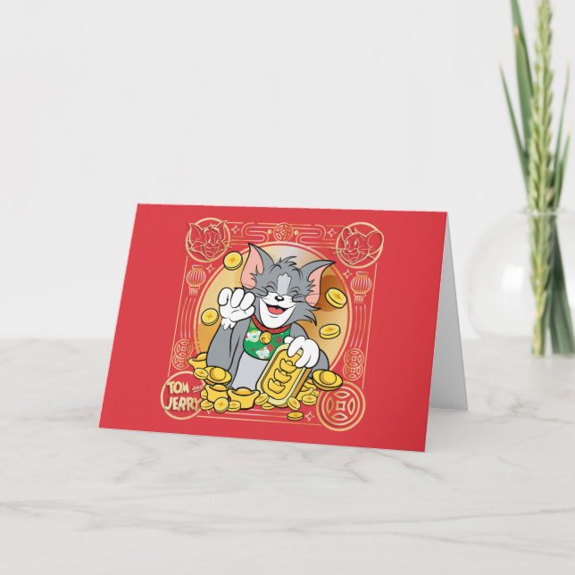 Cartes Pour Fêtes Annuelles Lucky Cat Jerry Avec Sycees Or (Devant)