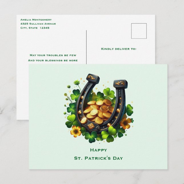 Cartes Pour Fêtes Annuelles Lucky Horseshoe & Gold Coins St. Patrick's Day (Devant / Derrière)