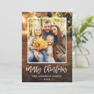 Cartes Pour Fêtes Annuelles Lumières à cordes de bois rustique Joyeux Noël Pho