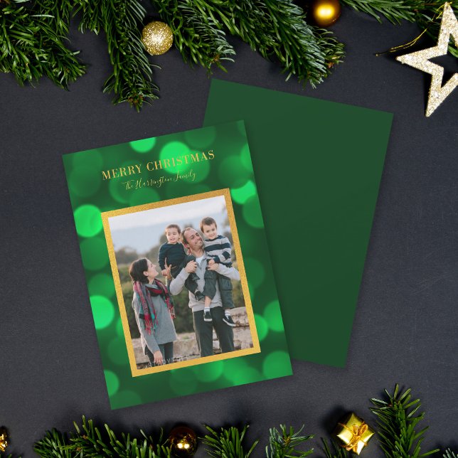 Cartes Pour Fêtes Annuelles Lumières Bokeh Vert Emeraude Or Joyeux Noël (Créateur téléchargé)