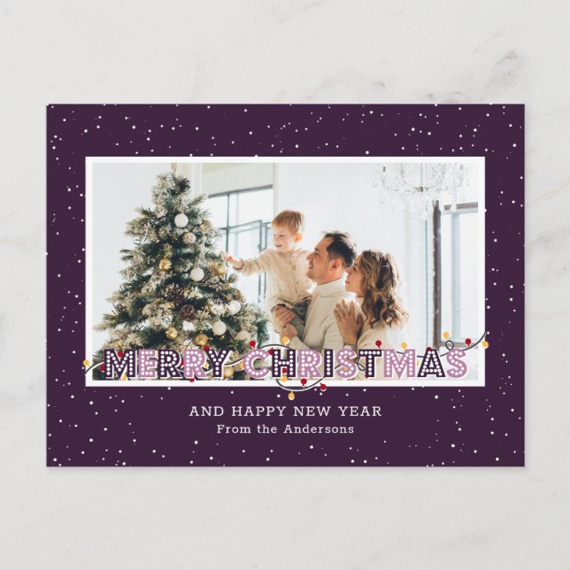 Cartes Pour Fêtes Annuelles Lumières de Noël de neige violette Photo (Devant)