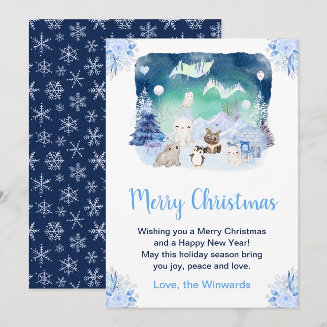 Cartes Pour Fêtes Annuelles Lumières du Nord Animaux arctiques Joyeux Noël (Devant / Derrière)