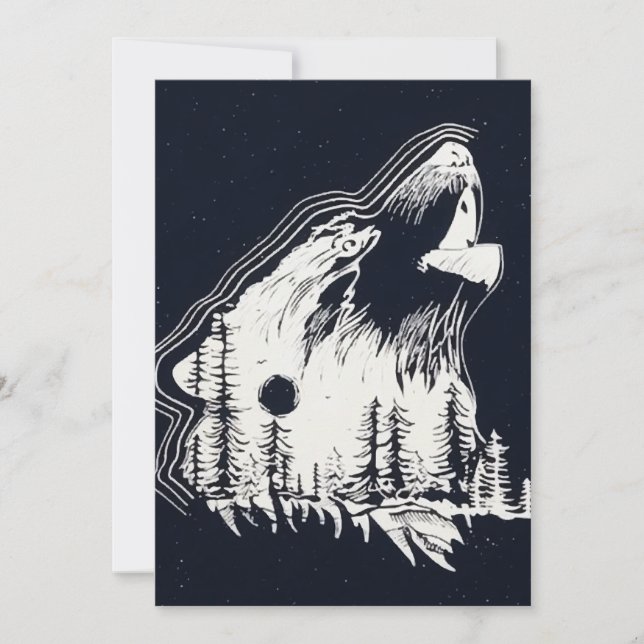 Cartes Pour Fêtes Annuelles Lune Forêt de pins d'hiver Wolf (Devant)