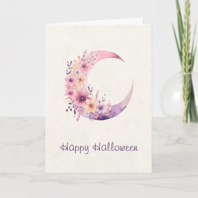 Cartes Pour Fêtes Annuelles Lune rose Croissant avec de jolies fleurs (Devant)