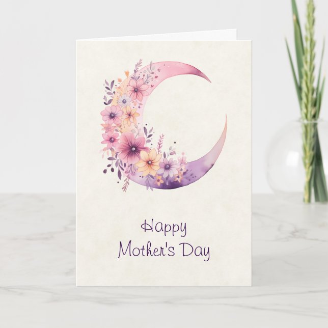 Cartes Pour Fêtes Annuelles Lune rose croissant avec fleurs Fête des mères (Devant)