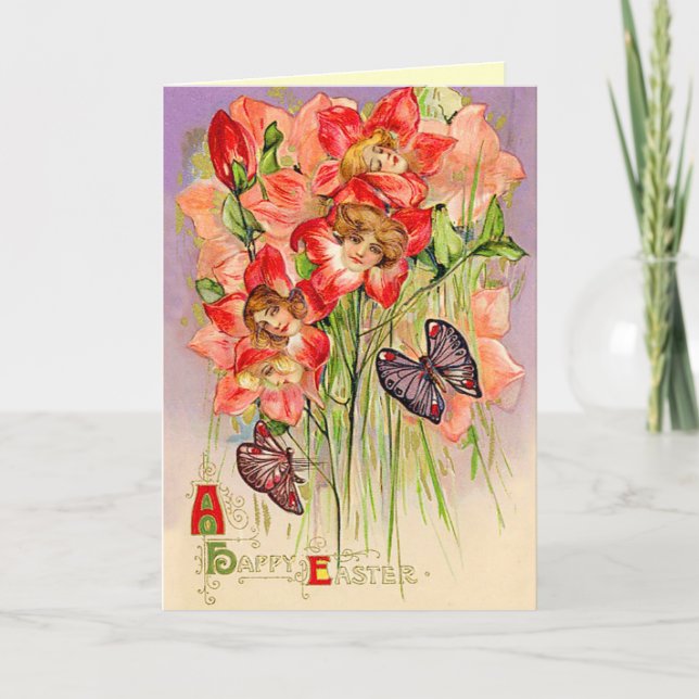 Cartes Pour Fêtes Annuelles Lutins vintages de fleur de Pâques (Devant)