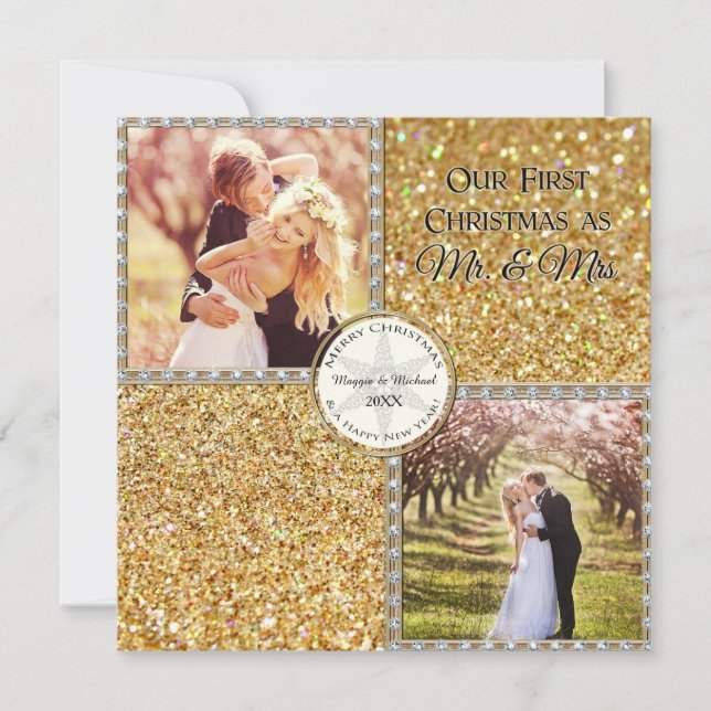 Cartes Pour Fêtes Annuelles M. & Mme Gold Shimmering Parties scintillant Photo (Devant)