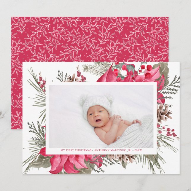 Cartes Pour Fêtes Annuelles Ma première photo de Noël Rouge Poinsettia bébé (Devant / Derrière)