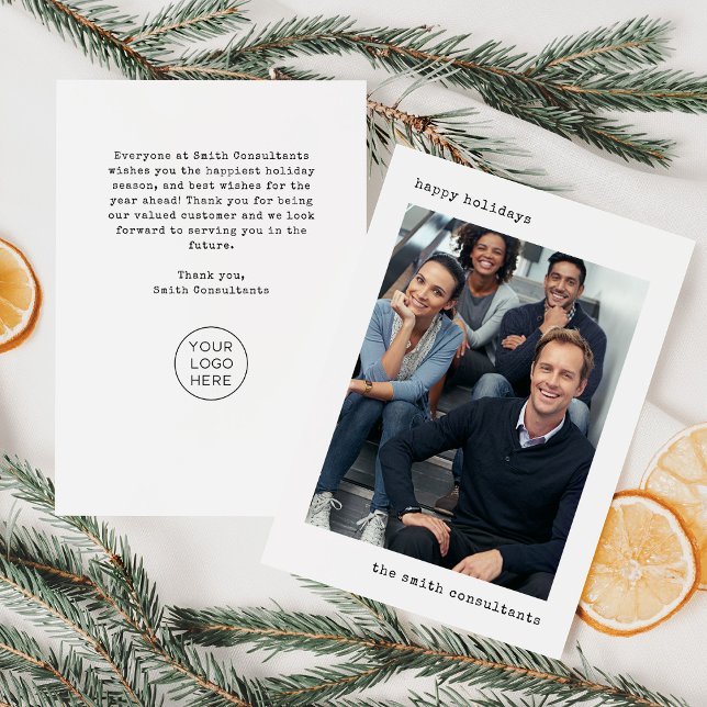 Cartes Pour Fêtes Annuelles Machine à écrire d'entreprise | Photo et logo (A simple and elegant holiday greeting card for your corporation or business to send to clients)