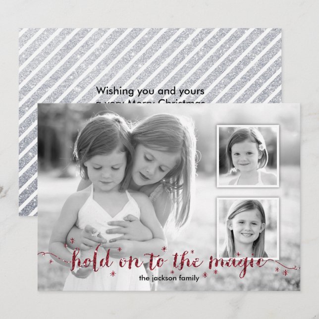 Cartes Pour Fêtes Annuelles Magic Dust Red 3 Photo Holiday Card (Devant / Derrière)