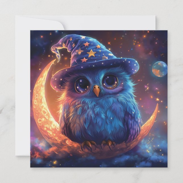 Cartes Pour Fêtes Annuelles Magic Owl Wizard on the Moon : Magical Imaginaire  (Devant)