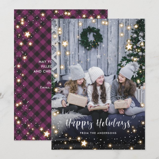 Cartes Pour Fêtes Annuelles Magique Buffle violet Plaid Neige Stars Photo (Devant / Derrière)