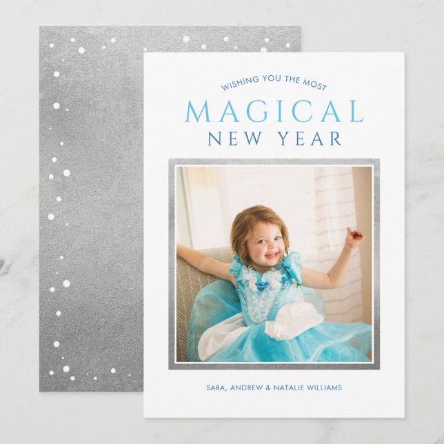 Cartes Pour Fêtes Annuelles Magique Nouvel An Souhaits Bleu Silver Photo (Devant / Derrière)