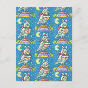 CARTES POUR FÊTES ANNUELLES MAGIQUE OWL & EASTER BASKET, OISEAU D'ART FOLK BLA