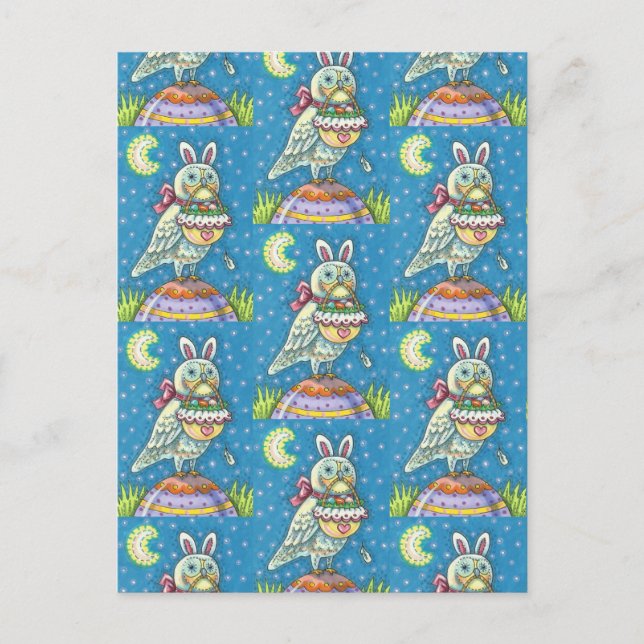 CARTES POUR FÊTES ANNUELLES MAGIQUE OWL & EASTER BASKET, OISEAU D'ART FOLK BLA (Devant)