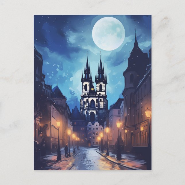 Cartes Pour Fêtes Annuelles Magique Prague Night Street - Pleine lune européen (Devant)