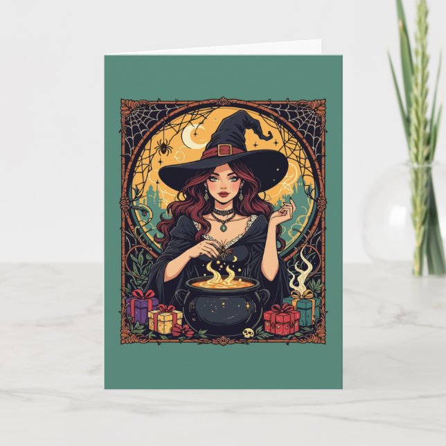Cartes Pour Fêtes Annuelles Magnifiquement Enchanter Sorcière Avec Araignées (Devant)