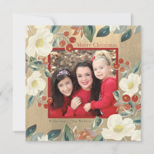 Cartes Pour Fêtes Annuelles Magnolia et baie rouge or classique photo Noël