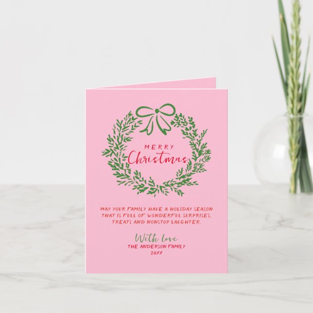 Cartes Pour Fêtes Annuelles Main dessinée rouge rose poitrine verte Wreath Noë (Devant)