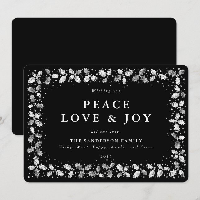Cartes Pour Fêtes Annuelles Main Noire Imprimée Holly Peace Love + Joy (Devant / Derrière)