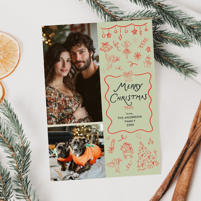 Cartes Pour Fêtes Annuelles Main rouge verte fantaisie dessinée Noël 2 Photo (Créateur téléchargé)