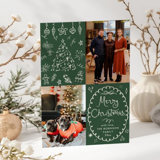 Cartes Pour Fêtes Annuelles Main tirée vert foncé Joyeux Noël 2 Photo (Créateur téléchargé)