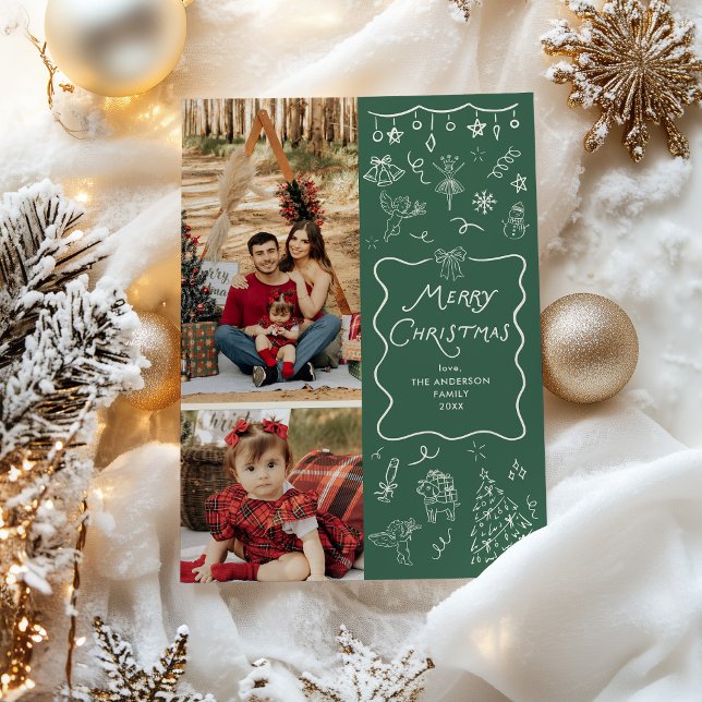 Cartes Pour Fêtes Annuelles Main Whimsical tiré vert Joyeux Noël 2 Photo (Créateur téléchargé)