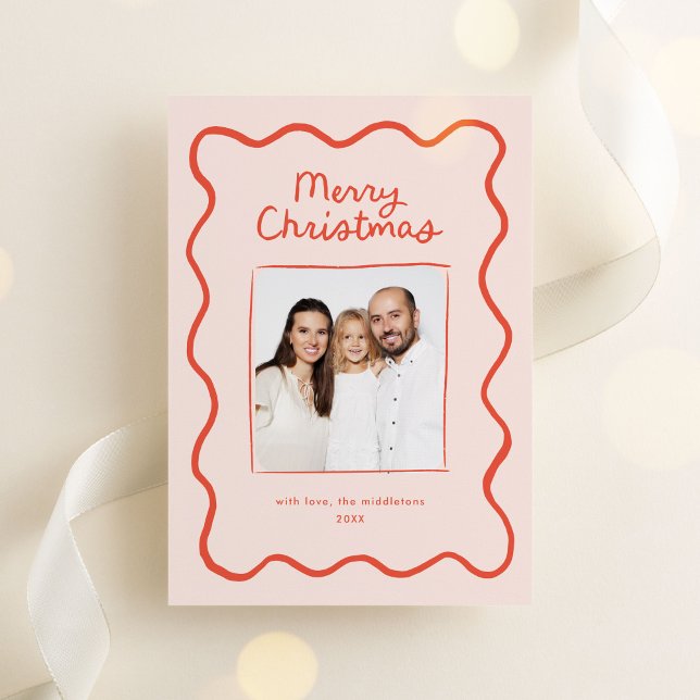 Cartes Pour Fêtes Annuelles Main Whimsical tirée à la main Wavy Border Photo d (whimsical, quirky Christmas photo card with hand drawn doodle border in orange)
