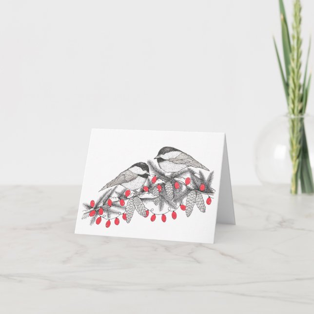 Cartes Pour Fêtes Annuelles Maine Chickadee Bird Stylo et Encre Noël (Devant)