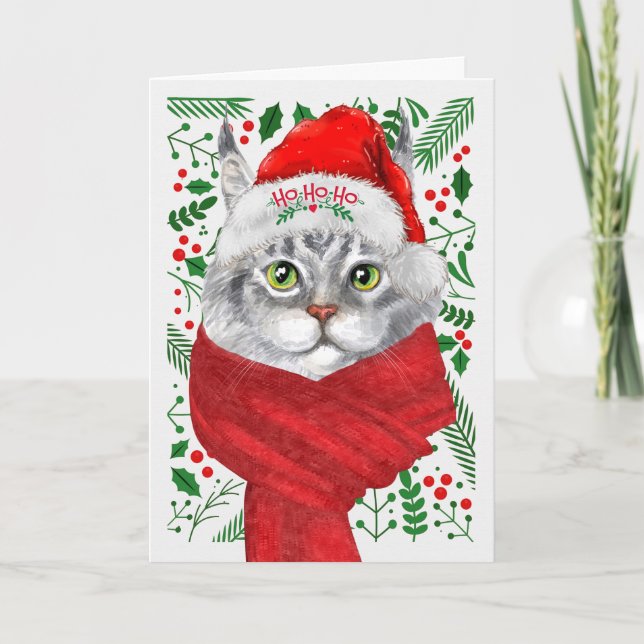 Cartes Pour Fêtes Annuelles Maine Coon Chat Santa Hat Meowy Noël (Devant)